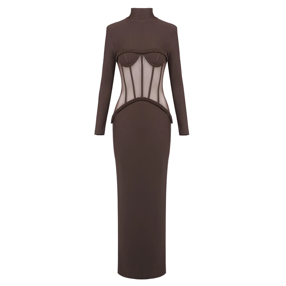 Luxury Sheer Corset Brown Long Dresses for Women – Long Sleeve High Neck See Through Bodycon Maxi Dress with Mesh Waist Detail