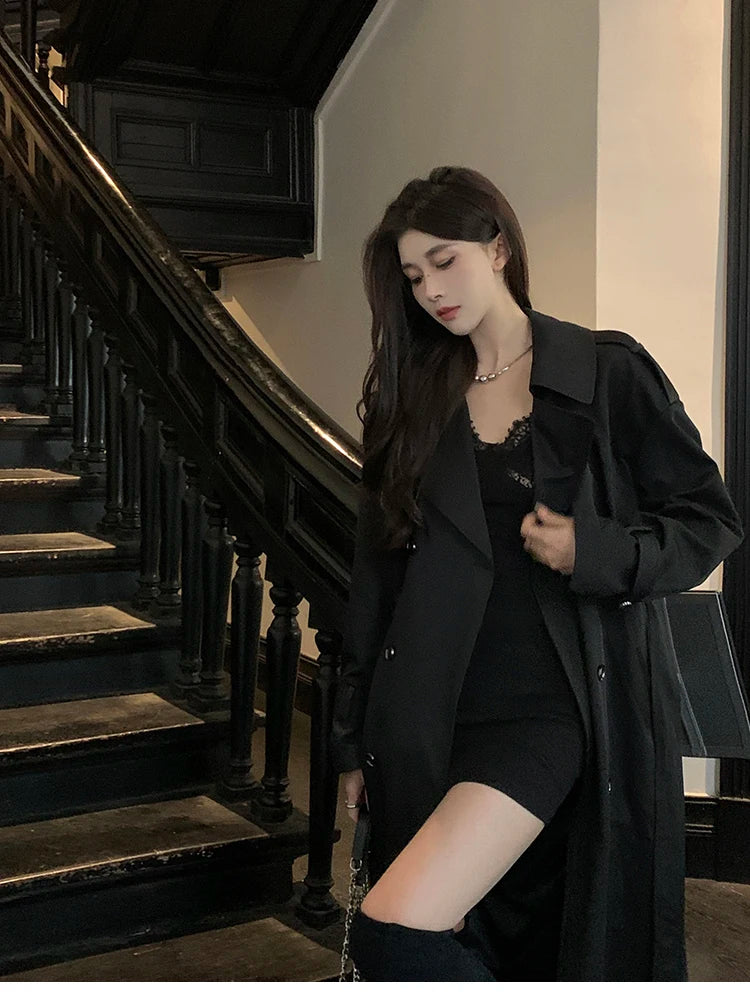 Lautaro Spring Autumn Long Black Hard Waterproof Trench Coat for Women Belt Double Breasted High Quality Luxury Overcoat 2024