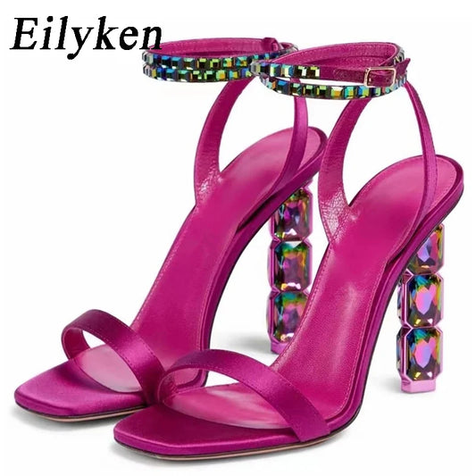 Eilyken Summer Crystal Embellished High Heel Sandals Women Diamond Open Toe Ankle Strap Silk Satin Rhinestone Banquet Shoes Wofashion.xyz