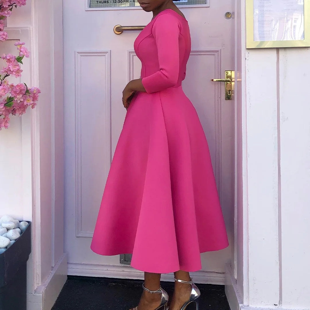 Elegant Party Dress for Woman 2024 Modern O Neck Three Quarter Sleeve High Waisted A Line Mid Calf Birthday Dinner Wedding Cloth