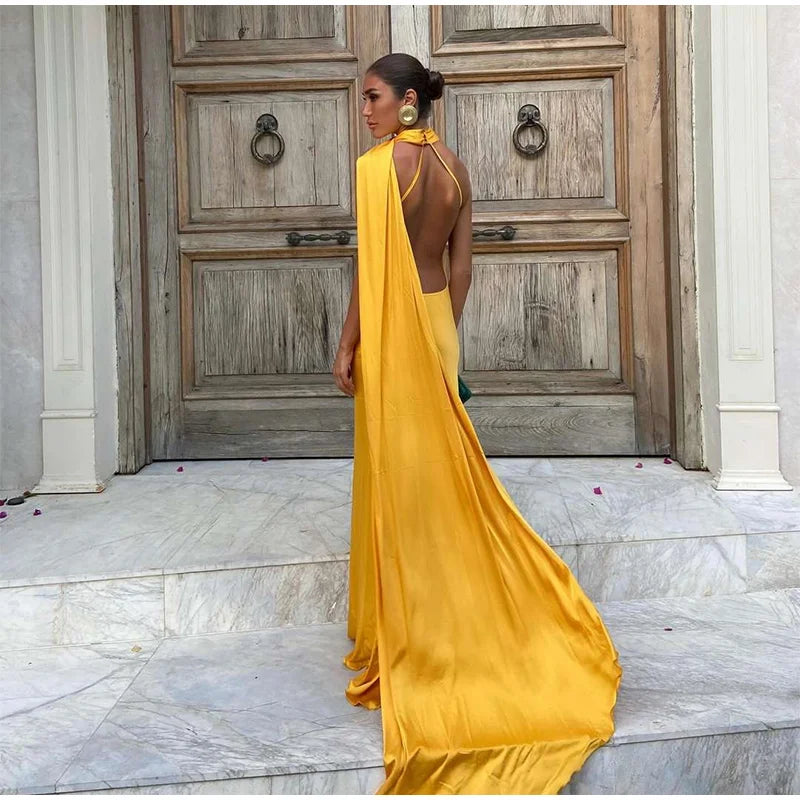 Elegant Ribbon Halter Dress Women Solid Off Shoulder Sleeveless Backless Slim Maxi Dresses 2025 Summer Autumn Party Robes Lady
