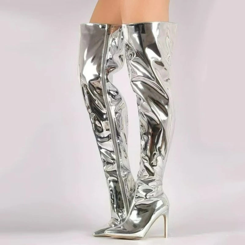 Women's Boots Mirror Thigh High Boots Platform Pointy Toe Punk Thin High Heels Over The Knee Long Boots Zip Silver Party Shoes Wofashion.xyz