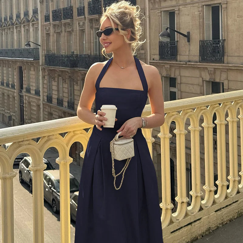 Mozision Halter Backless Sexy Midi Dress Women Fashion Solid Sleeveless High Waist A-line Club Party Pleated Long Dresses Female