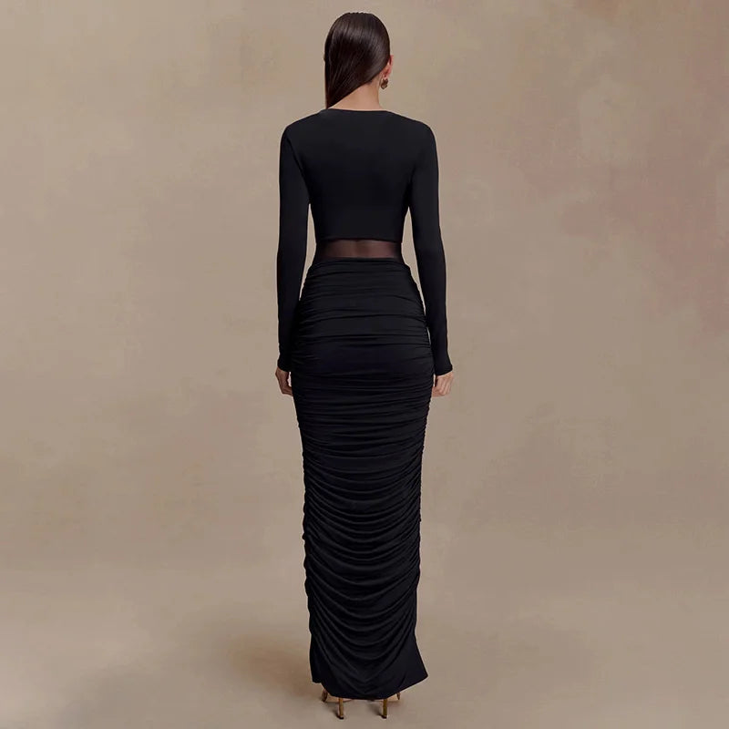 Blifanbo Elegan Deep V Neck Bodycon Maxi Dress Women High Waist Pleated Long Sleeve Solid Patchwork Club Party Long Dress Autumn