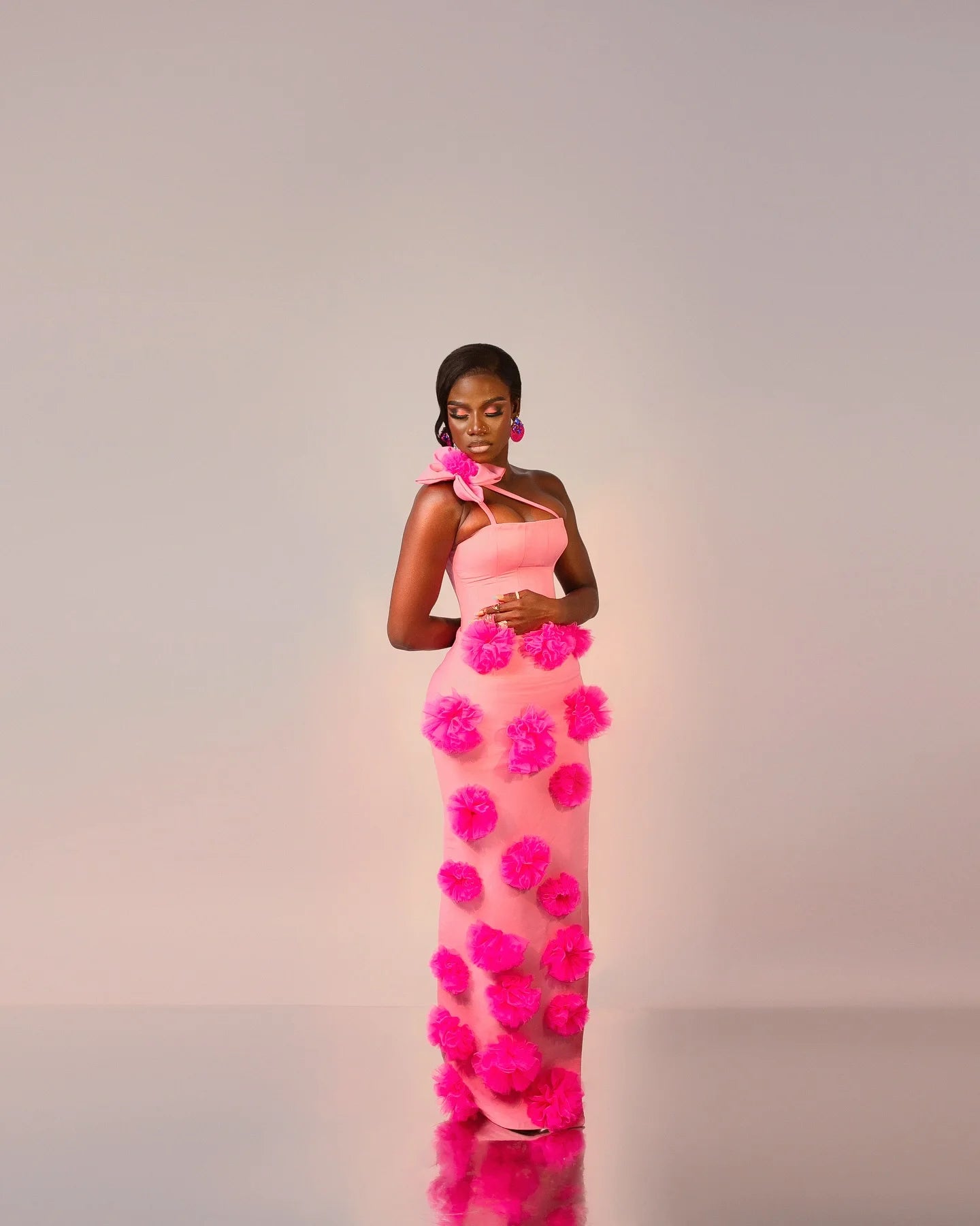 Cute Pink Ruffle Flowers Evening Dresses One Shoulder Side Slit Tulle Ball Blossom Birthday Dress Photoshoot Wedding Party Dress