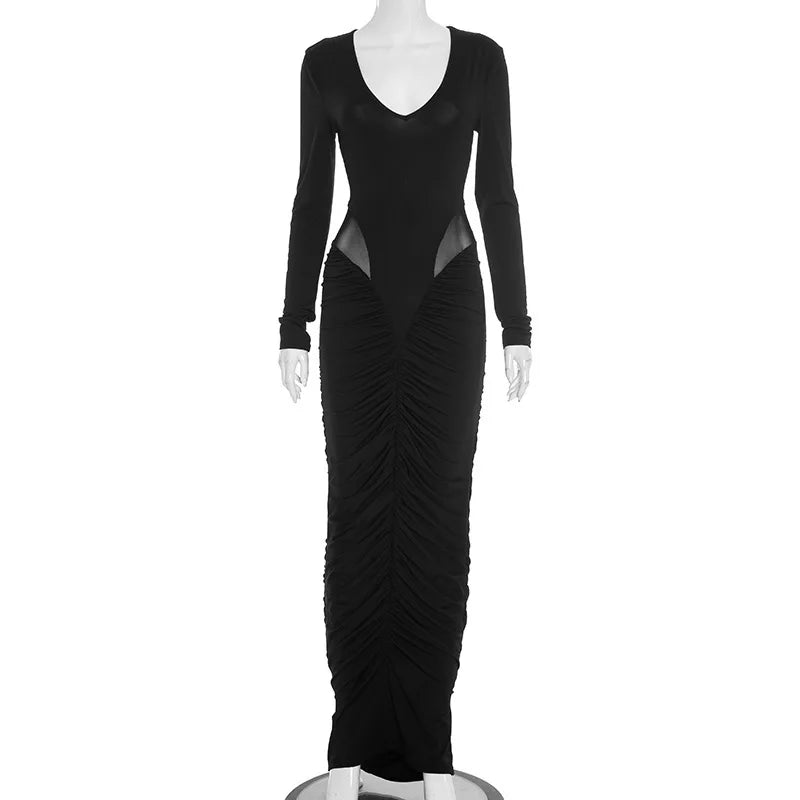 Blifanbo Elegan Deep V Neck Bodycon Maxi Dress Women High Waist Pleated Long Sleeve Solid Patchwork Club Party Long Dress Autumn