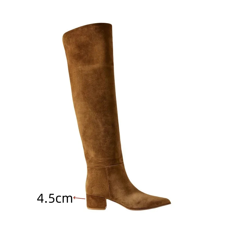 Ladies' Autumn and Winter Suede Thick High-heeled Oversized Knee High Boots, European and American Sexy Versatile Sleeve Boots