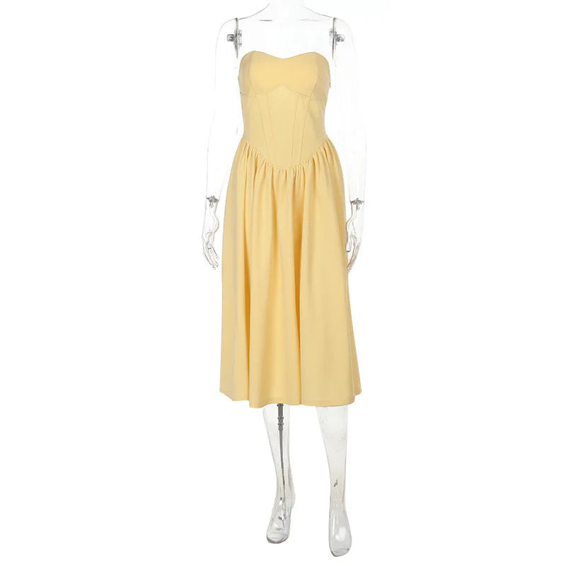 NIDANSSI Yellow Strapless Backless Evening Party Dress Women Pleated Bodycon Elegant Sexy Dress Midi Long Summer Dress Vestidos