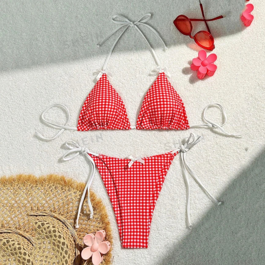 Red Plaid String Halter thong Micro Bikini for Women Mini Swimwear Lace-up Sexy Swimsuit Bathing Suit Triangle Bikinis Sets 2025