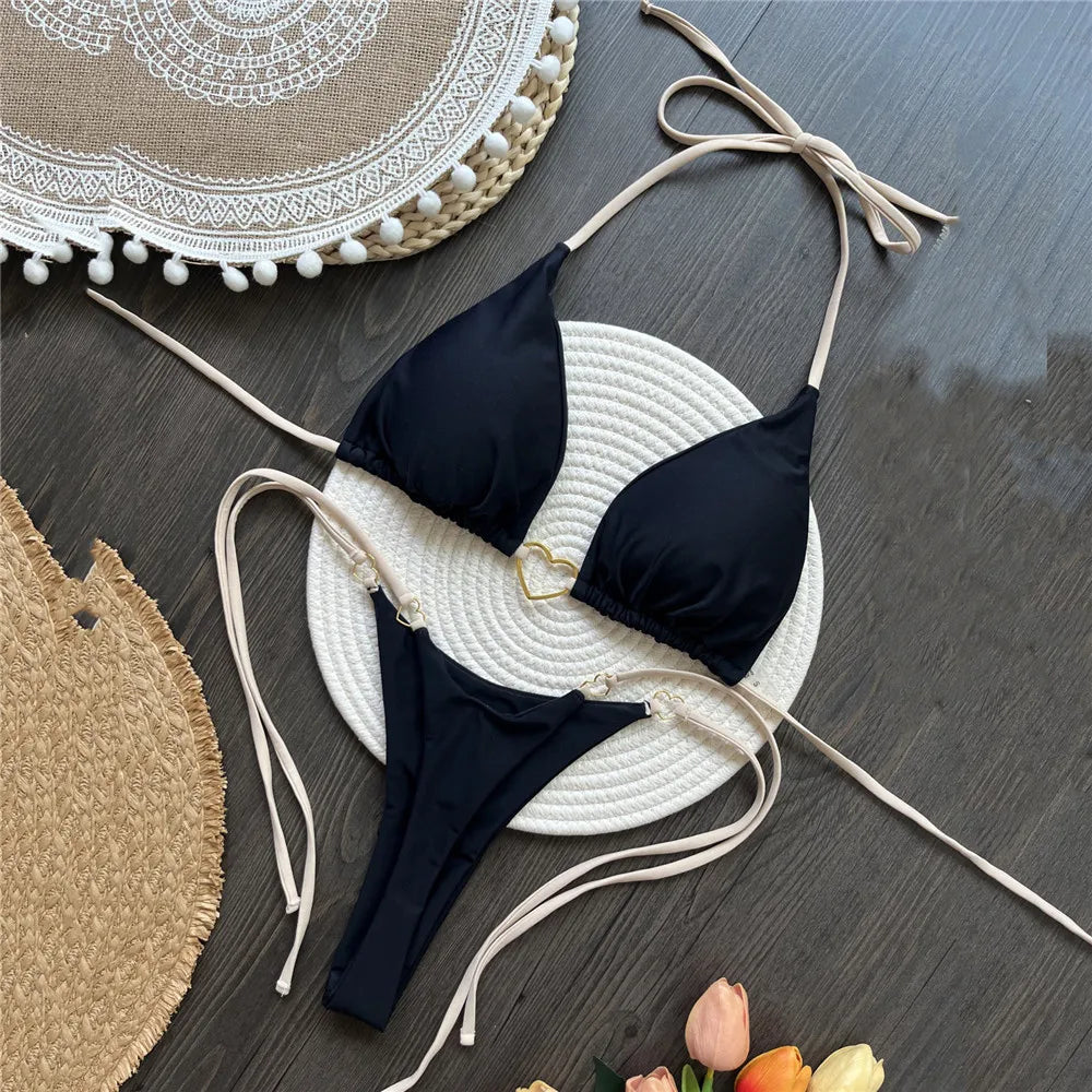 Black String Halter Swimwear Triangle Micro Bikini Thong Heart Ring Sexy Swimsuits Women 2025 Bathing Suit Biquinis Bikinis Sets Wofashion.xyz