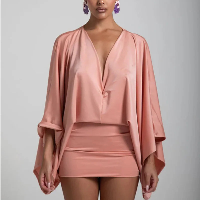 New Autumn Chic Deep V-Neck Boho Dress Retro Solid Spliced Flare Sleeve Prom Dress Spring Woman Club Elegant Slim Fit Mini Dress