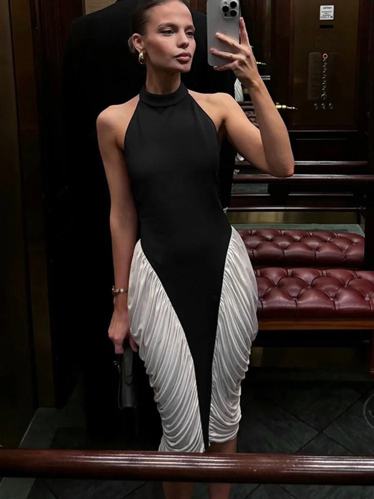Mozision Patchwork Halter Backless Sexy Midi Dress Women Gown Elegant Fashion Contrast Color Sleeveless Pleated Long Dress Wofashion.xyz