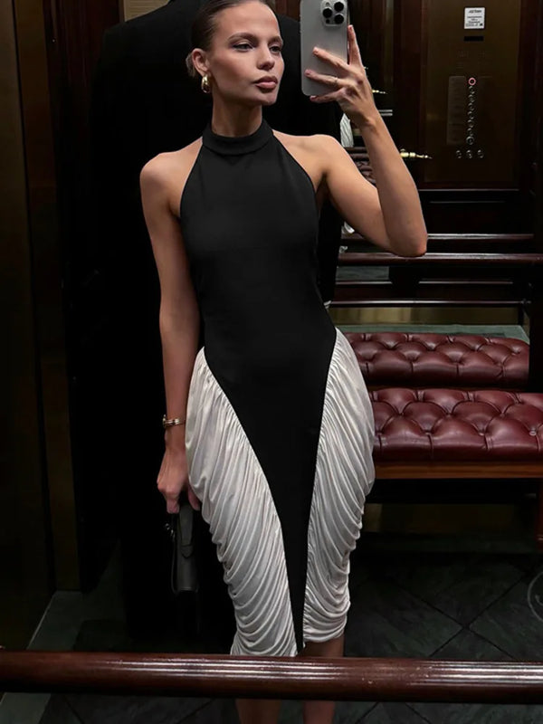 Mozision Patchwork Halter Backless Sexy Midi Dress Women Gown Elegant Fashion Contrast Color Sleeveless Pleated Long Dress Wofashion.xyz