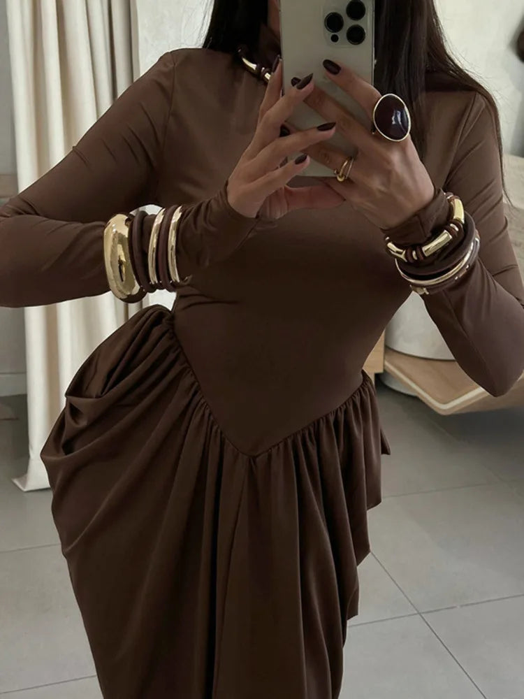 Mozision Turtleneck Long Sleeve Sexy Maxi Dress Women Gown Autumn Winter Elegant High Waist Draped Ruched Club Party Long Dress