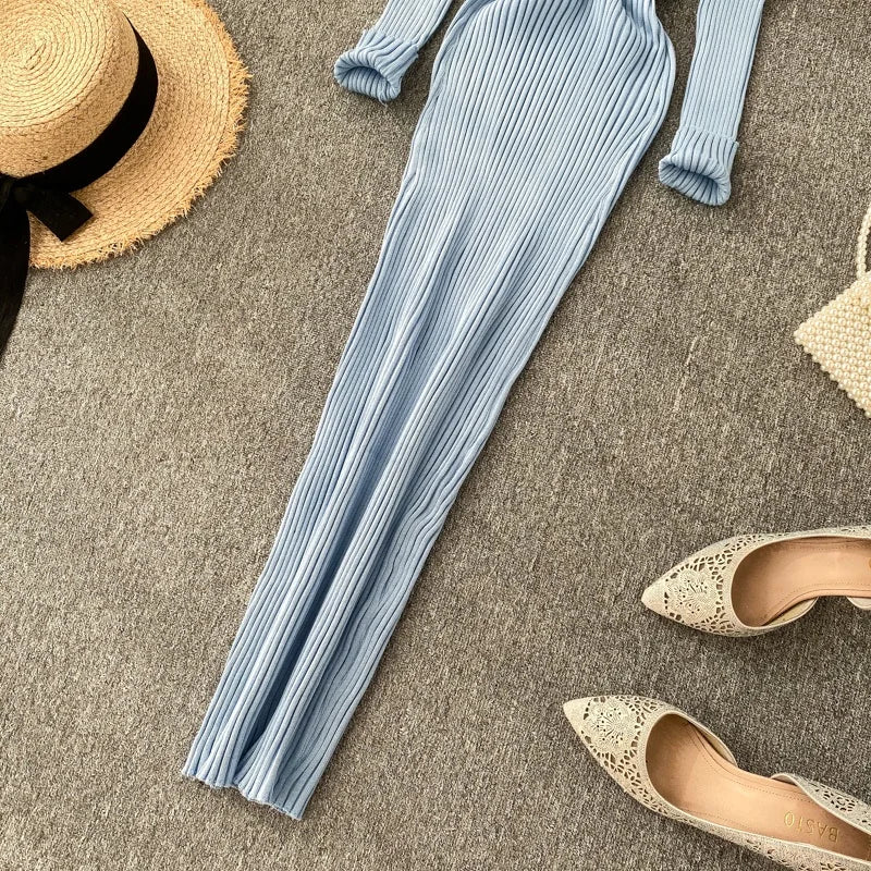 Women's Knitted Midi Dr Pure Color Long Sve Slim Fit High Waist V-Ne Korean Sle Faionable Autumn Winter Dr