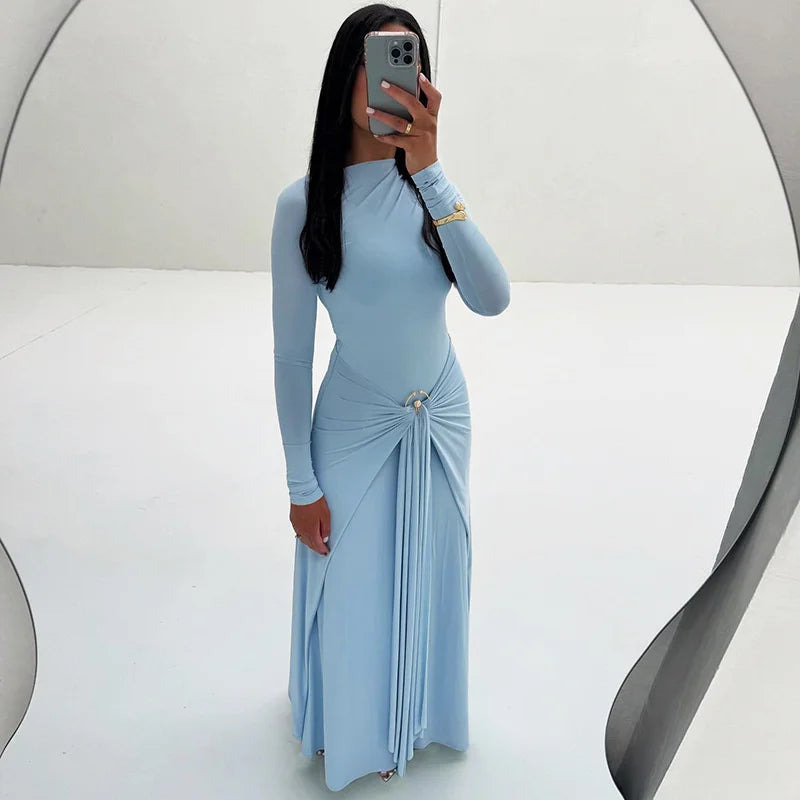 Mozision Elegant Long Sleeve Ruched Sexy Maxi Dress Women Gown Autumn Fashion Draped Bodycon Long Dresses Female Clothing