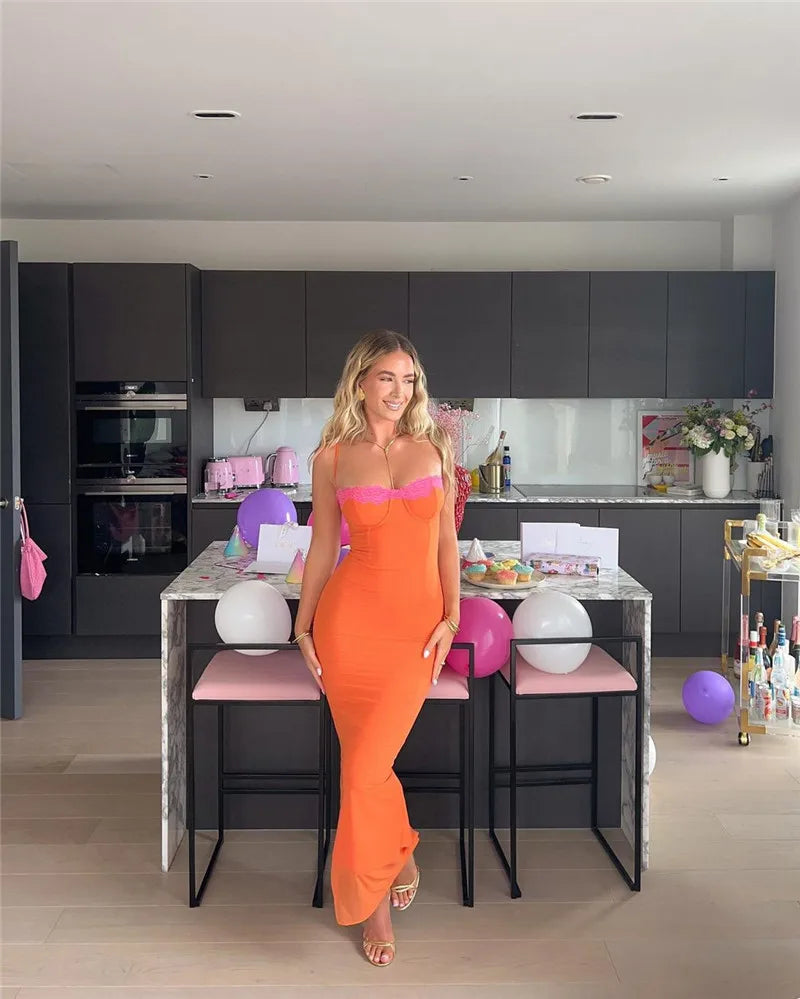 Mozision Lace Spaghetti Strap Bodycon Maxi Dress Women Gown Patchwork Fashion Sleeveless Backless Sexy Club Party Dress Elegant