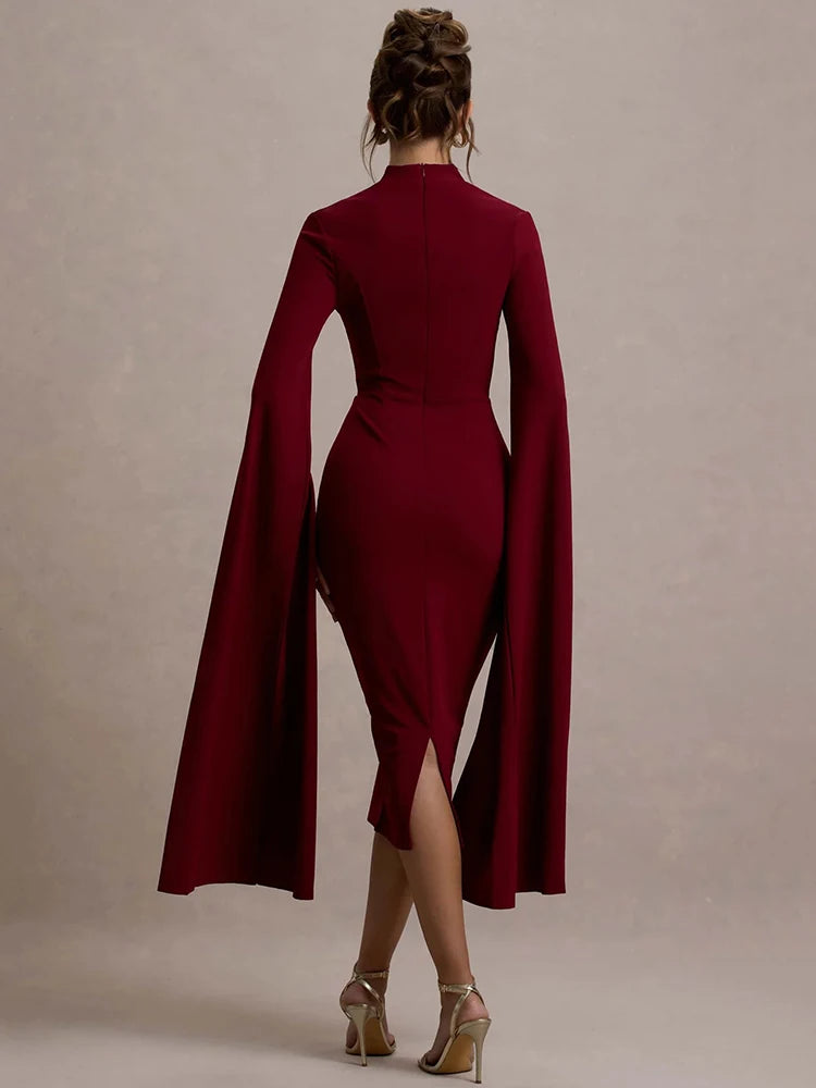 Mozision Cape Long Sleeve Sexy Midi Dress For Women Autumn Winter New Square Collar Back Slit Bodycon Club Party Long Dress