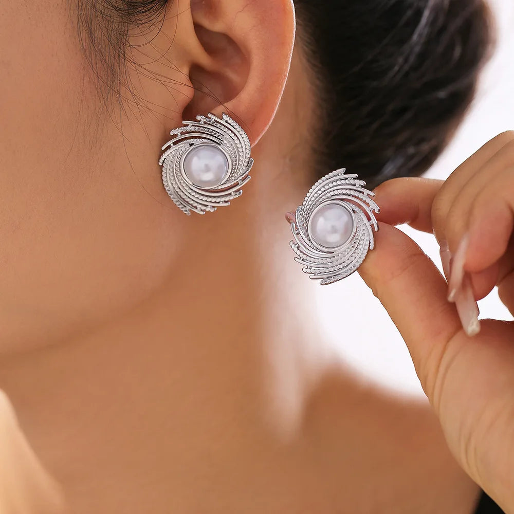 Dynamic Earrings For Women Roated Pearl Luxury Stainless Steel Vintage Gold Plated Waterproof Ear Stud Charm Jewelry Gift