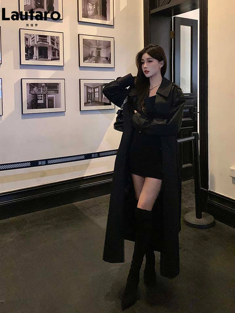 Lautaro Spring Autumn Long Black Hard Waterproof Trench Coat for Women Belt Double Breasted High Quality Luxury Overcoat 2024