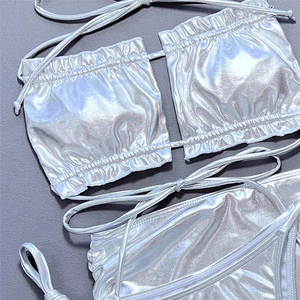 Sexy Silver Swimsuit Cover Ups Women Ruffled Bandeau 3 Piece Bikini Set Swimwear Micro Thong Mini Skirt Beachwear String Bikinis
