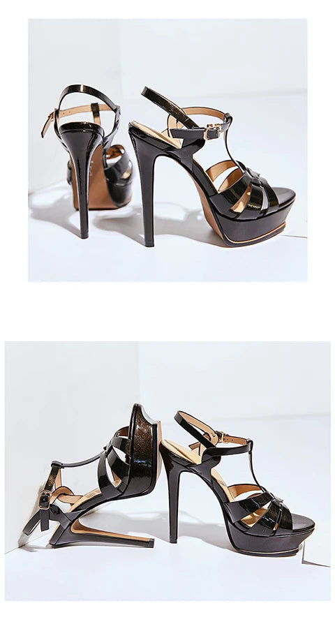 Women's Summer European and American Fashion Stiletto Waterproof Platform Leather Open Toe Round Head Buckle Sandals