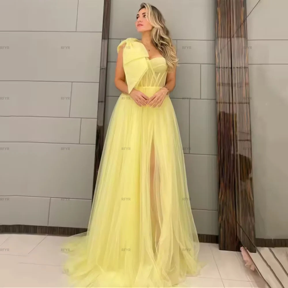 RFYR Yellow One-Shoulder Prom Dress Sweetheart Long Pleat Boned Evening Dress High Split Elegant Formal Party Gown Customized