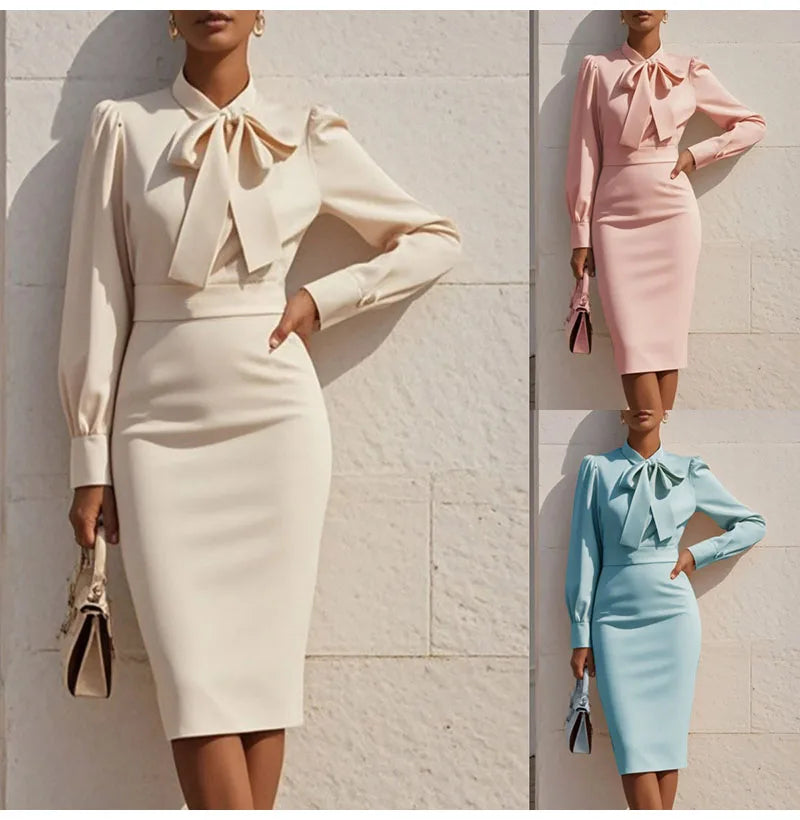 Elegant Slim Party Dresses For Women 2025 Fall Long Sleeve Bow Solid Color O-neck Midi Dress Casual