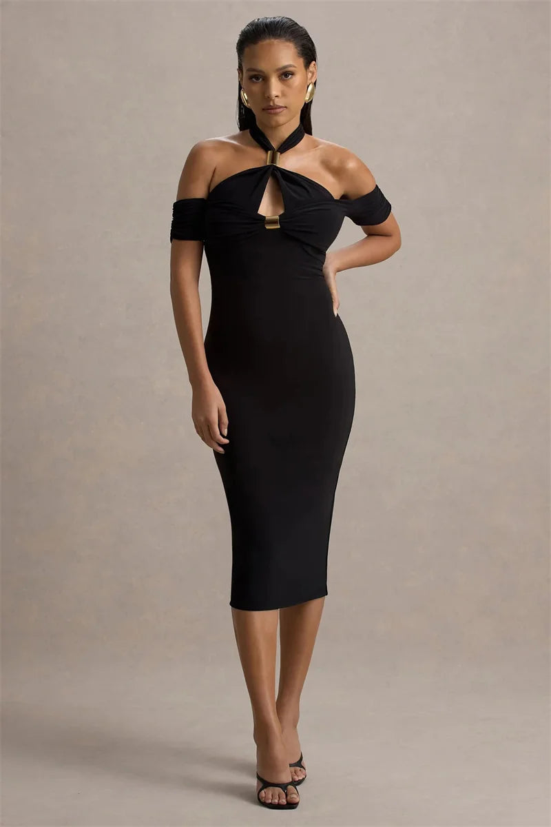 Mozision Hollow Out Halter Backless Sexy Midi Dress Women Fashion Off-shoulder Sleeveless Skinny Club Party Long Dress Elegant