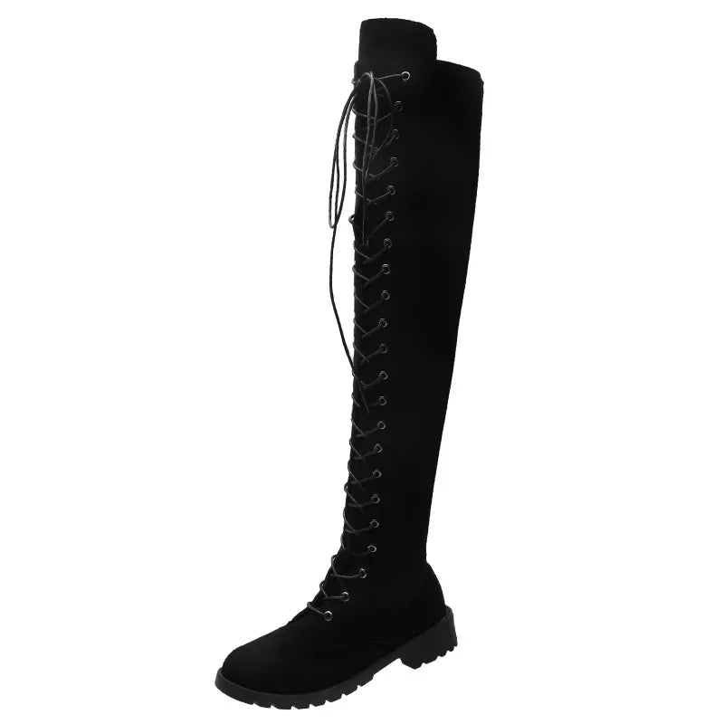 Casual Women's Boots Low Heels Flock Winter Over Knee Boots for Woman 2021 Lace Up Fashion Female Thigh High Boots2021