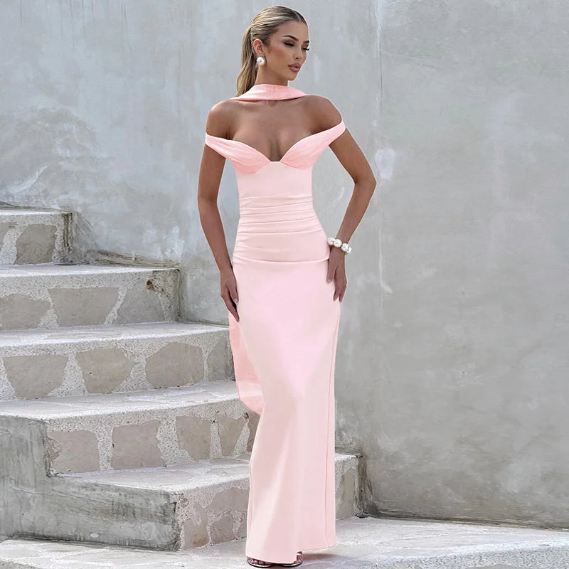 Blifanbo Sexy Elegant Ribbon Maxi Dress For Women Strapless Off-shoulder Sleeveless Backless Fashion Patchwork Party Long Dress