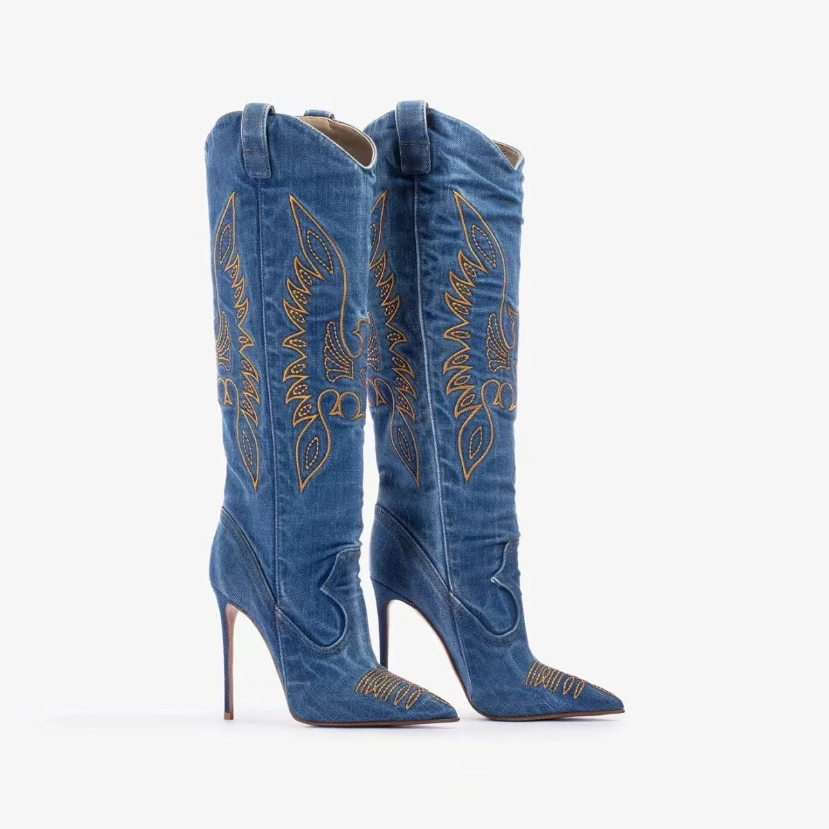 Western European Cowboy Style Pointed Stiletto High Heels Embroidered Knight Fashion Boots Women's Sexy Water Diamond Boots