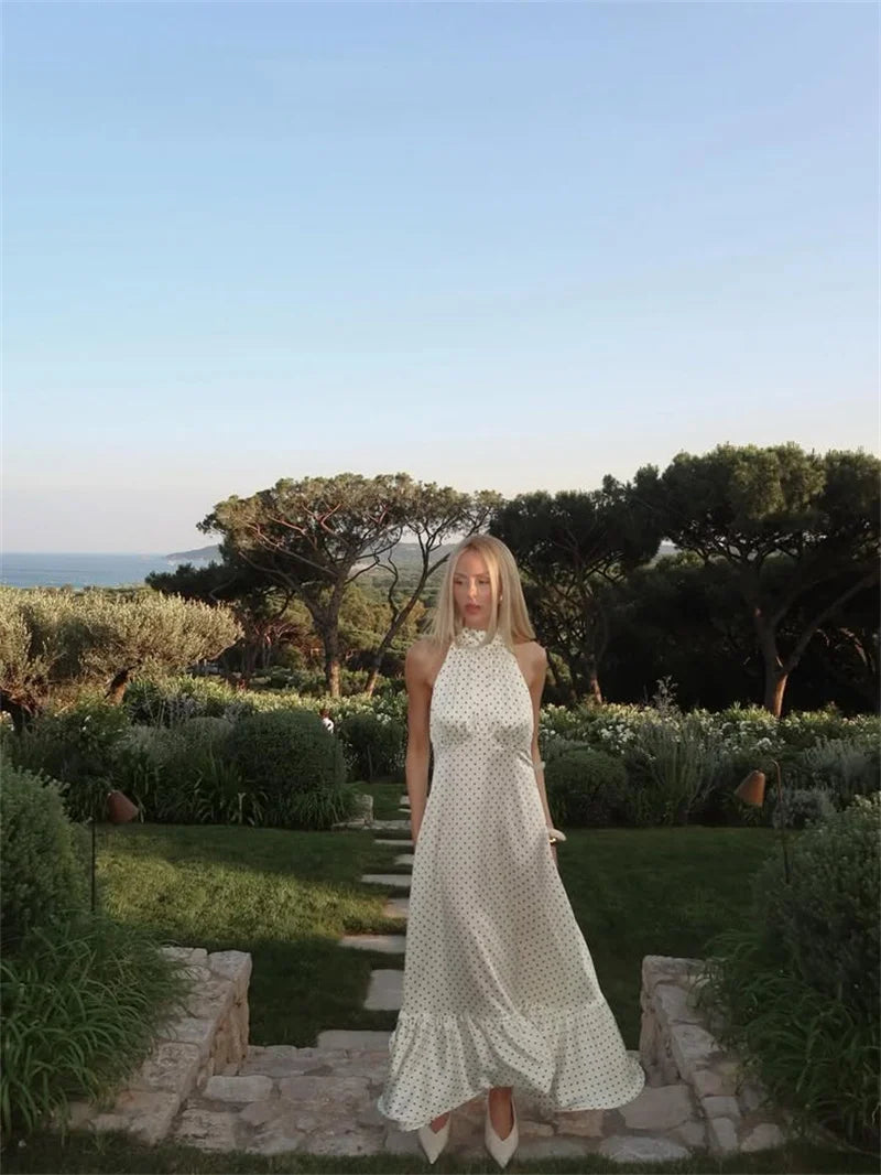 Mozision Polka Dot Ruched Ruffle Sexy Midi Dress Women Gown Fashion Halter Sleeveless Backless High Waist Club Long Dresses