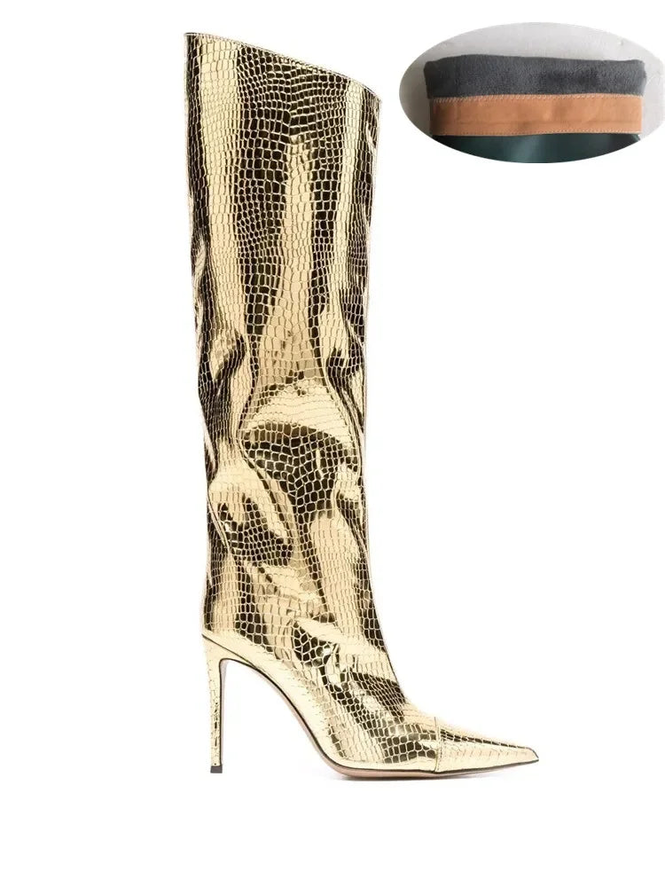 2022 Women's New Stone Print Boots Sexy Runway Stiletto Pointed Toe Women's High Boots 10cm High Heel Side Zip Women's Boots