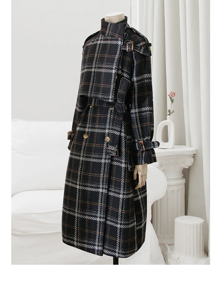 Lautaro Autumn Winter Long Loose Warm Plaid Wool Blends Trench Coat for Women Raglan Sleeve Belt Double Breasted Woolen Overcoat