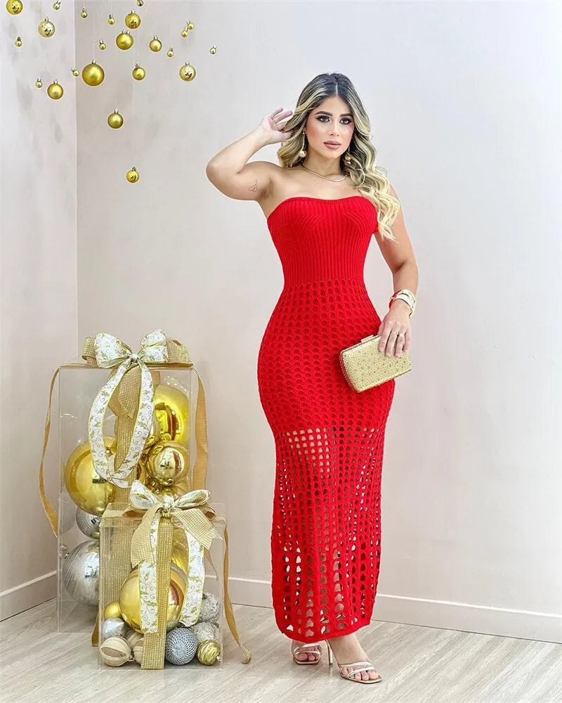 Mozision Strapless Off-shoulder Hollow Out Knit Maxi Dress For Women Gown Fashion Sleeveless Backless Beach Skinny Long Dress