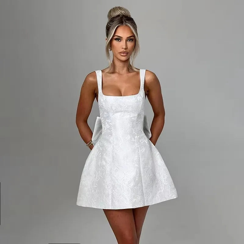 NIDANSSI White Jacquard Pleated Evening Party Dress Women Robes Backless Elegant Sexy Dress Bodycon Long Summer Dress Vestidos