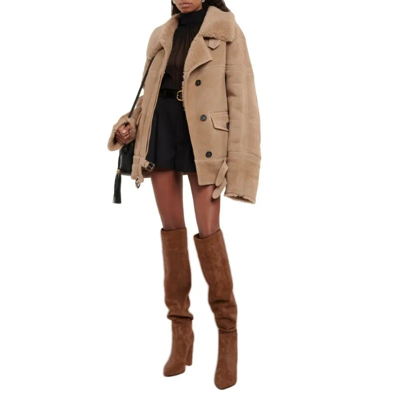 Ladies' Autumn and Winter Suede Thick High-heeled Oversized Knee High Boots, European and American Sexy Versatile Sleeve Boots