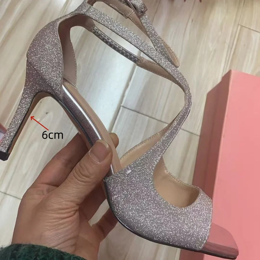 2025 Women's Spring/Summer New Style Glitter Material Fairy Style Cross Buckle with Stiletto High Heels and Open Toed Sandals