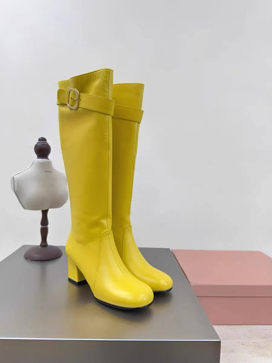 European and American Sexy Hot Girl Belt Buckle Thick High Heels Round Toe Back Zipper Knee Highboots Women's Retro Elasticshoes