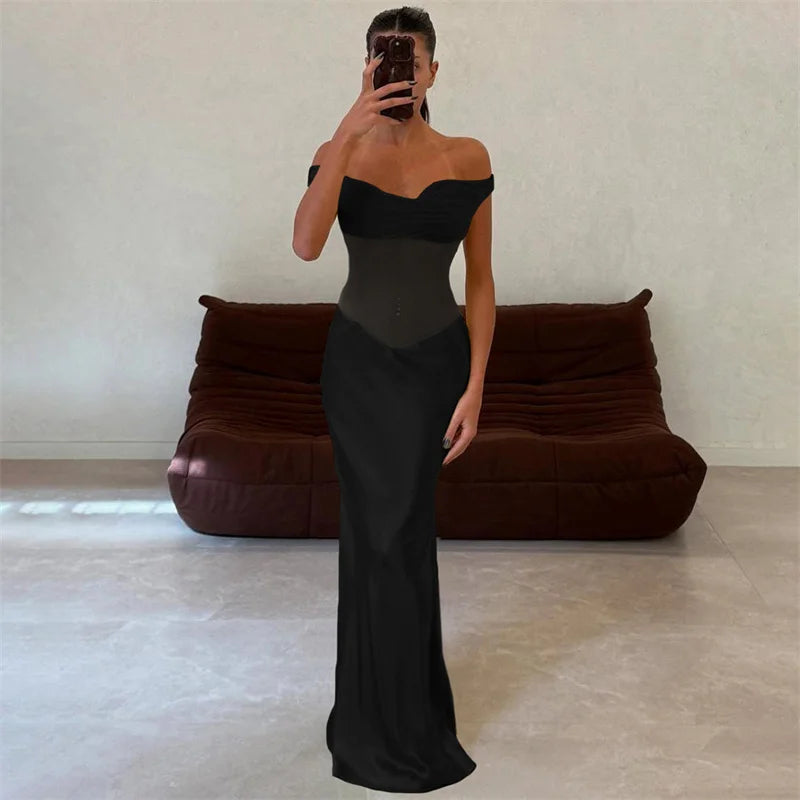 Mozision Off-shoulder Backless Sexy Maxi Dress For Women Fashion Patchwork Strapless Sleeveless Bodycon Club Party Long Dresses