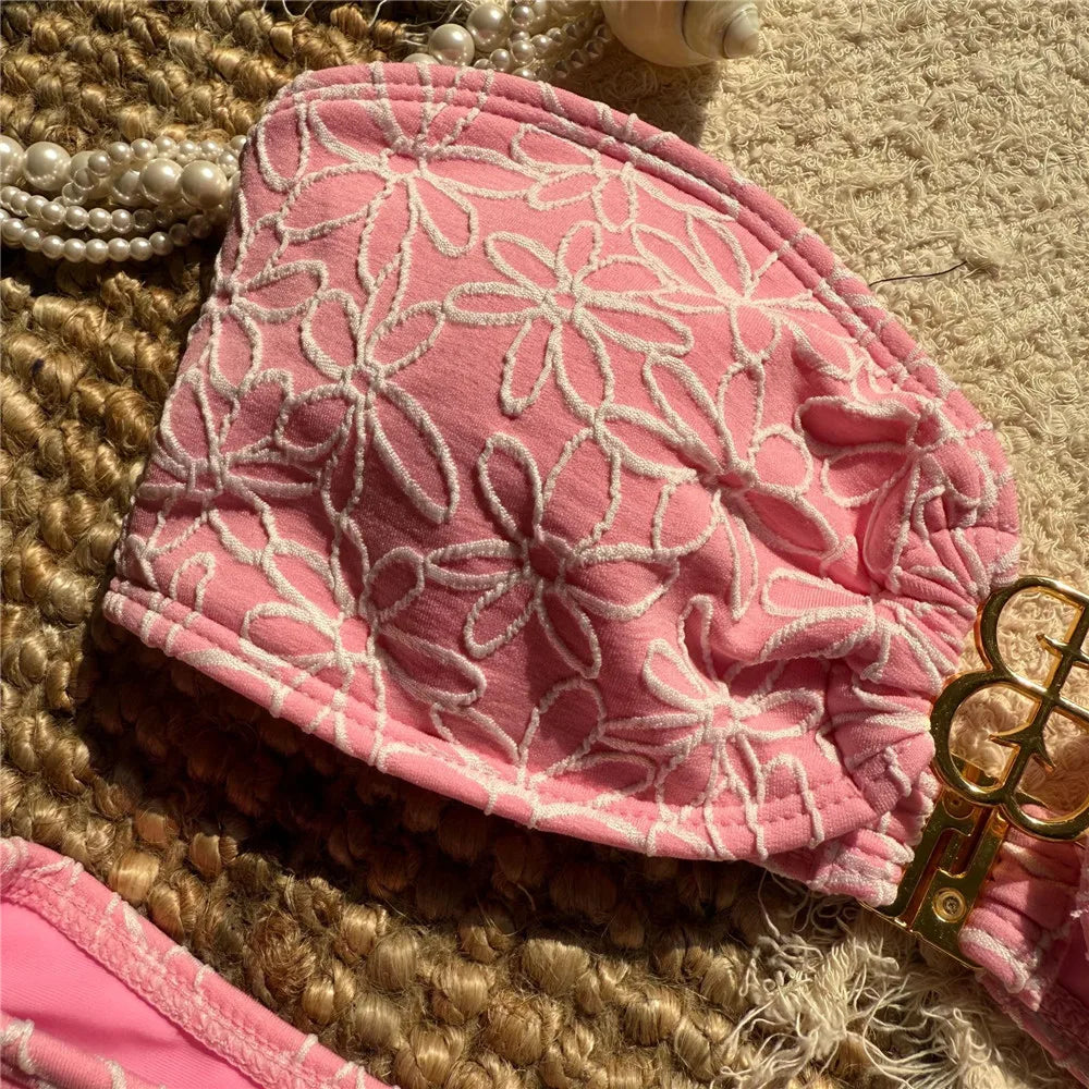 Flower Embroidery Bandeau Bikinis Sets Woman 2025 Metal Buckled Sexy Swimsuit Women High Cut Bathing Swimming Suit Bikini Mujer