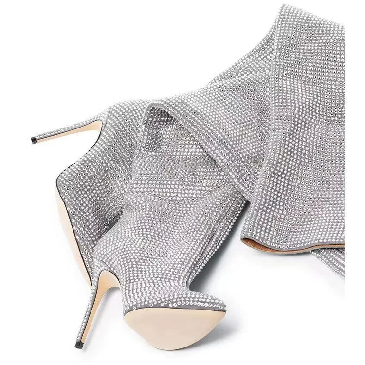 High quality European and American knee length rhinestone pile boots for women's sexy slim high heeled pointed runway boots