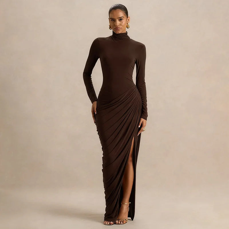 Mozision Turtleneck Long Sleeve Sexy Maxi Dress Women Elegant Autumn Winter High Waist Ruched Thigh High Split Club Long Dress