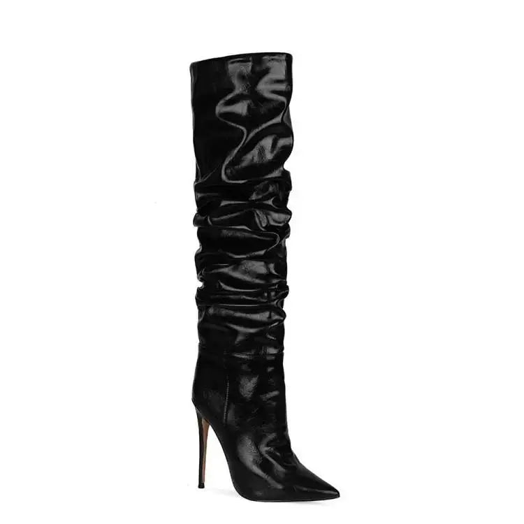 2024 Autumn and Winter New Fashionable High-heeled Pleated Sleeve Boots, European and American Sexy Fashion Runway Boots