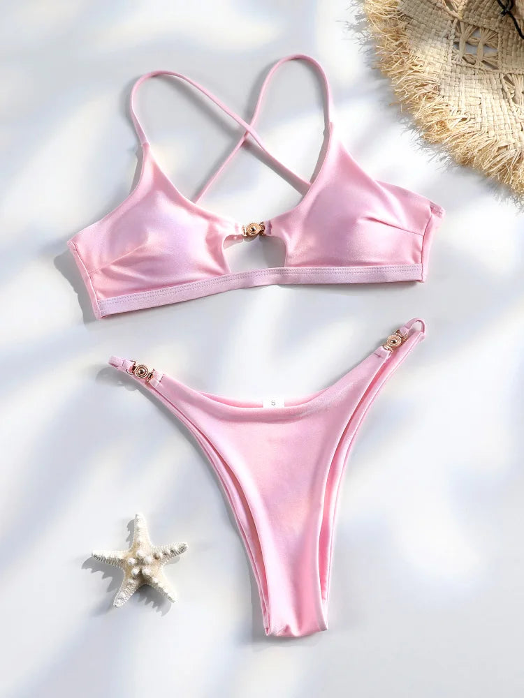 Red Bikinis Sexy Bikini Set 2025 Swimwear Low Waist Swimsuit For Women Cut Out String Beachwear Two Piece Suits Solid Bikini Set