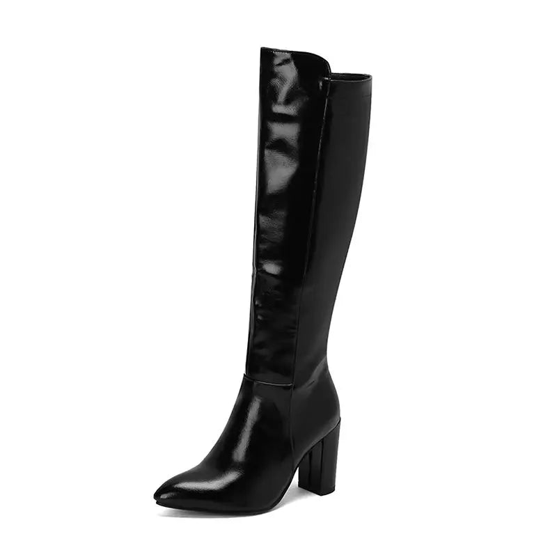 REAVE CAT Sexy Female Knee High Boots Pointed Toe Chunky Heels 8.5cm Big Size 46 47 48 Fashion Party Women Booties