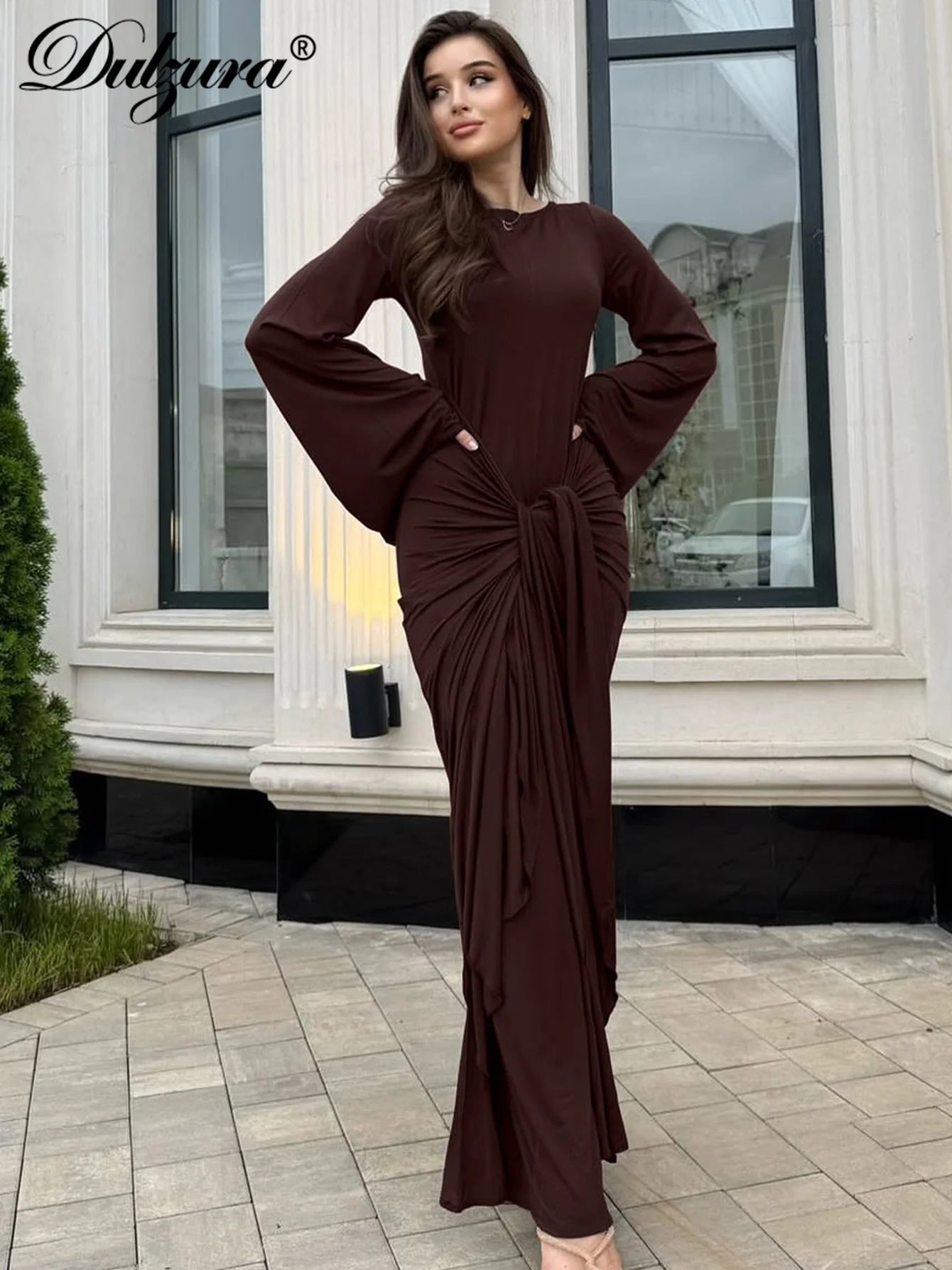 Dulzura Autumn Fashion Elegant O-Neck Long Flare Sleeve Ruched Slim Fit Ribbon Long Dress Women'S Solid Casual Party Club Outfit