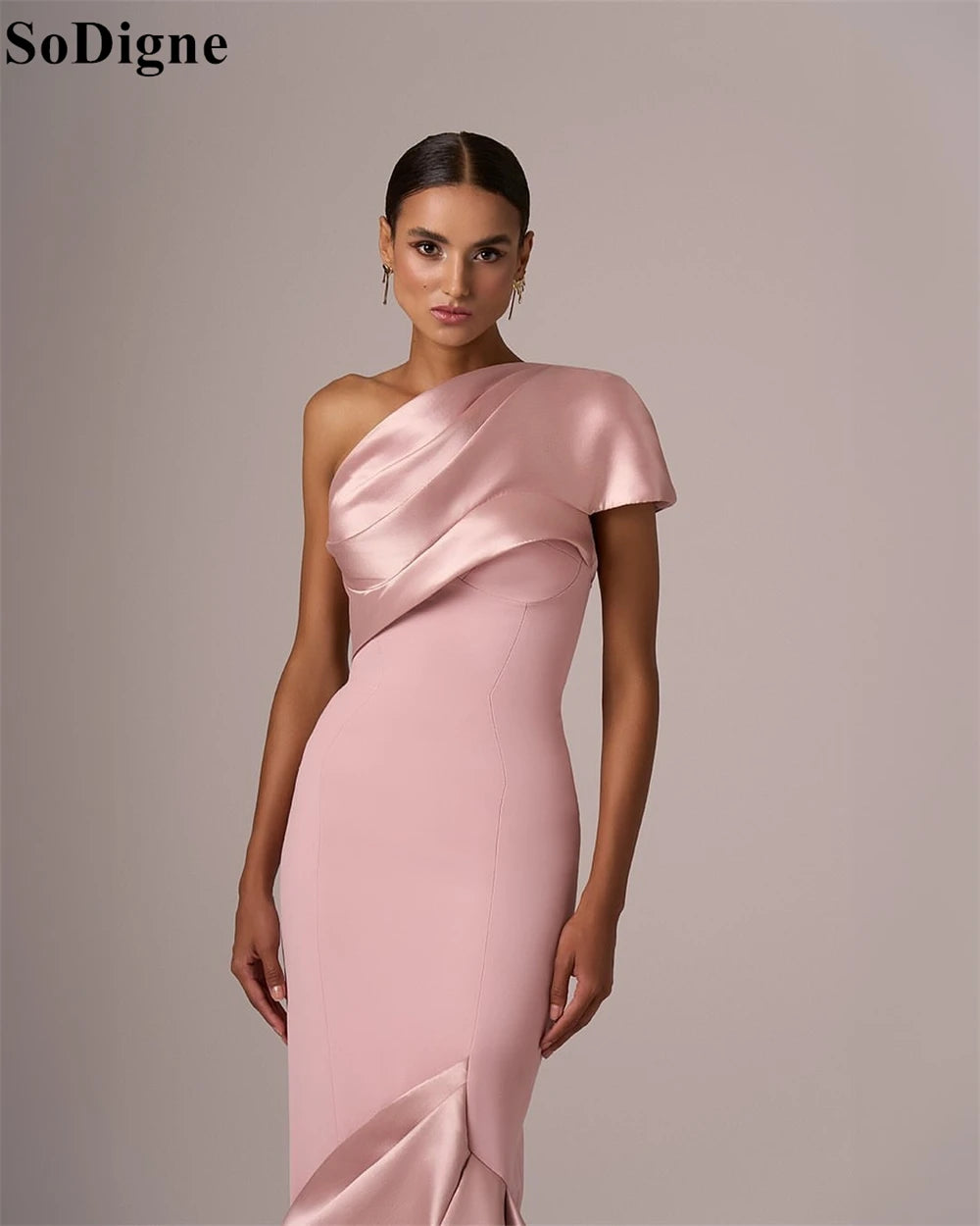 SoDigne Elegant Pink Satin Evening Dresses Mermaid One Shoulder Backless Draped Party Dress 2025 Charming Prom Gowns Customized