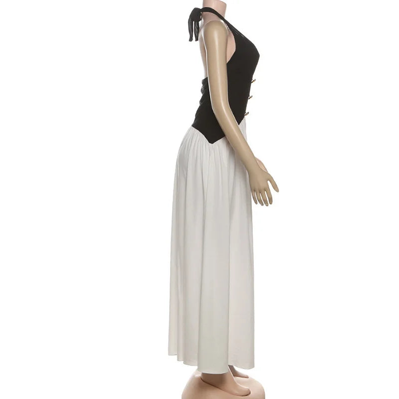 Mozision Halter V Neck Backless Sexy Maxi Dress Women Fashion Patchwork Button Sleeveless High Waist Ruched Club Party Dress